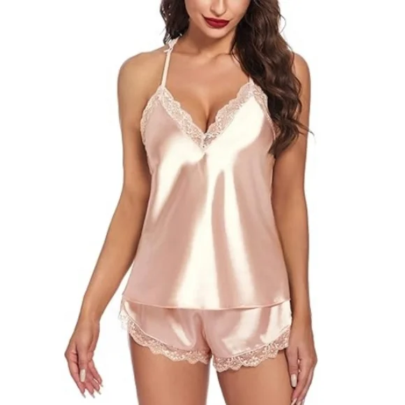Nightwear Satin Pajamas Set Sleepwear Womens Sexy Lingerie Champagne - Picture 3 of 9